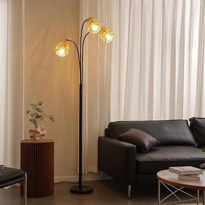 Rattan Floor Lamp for Living Room, 72 Inch Tall Boho Floor Lamp with Rotary Switch, 3 Light Arc lamp with Wicker Shade for Coastal,Bohemian,Rustic,Beach Tree,Farmhouse Standing Lamp-Ruum Studio Home