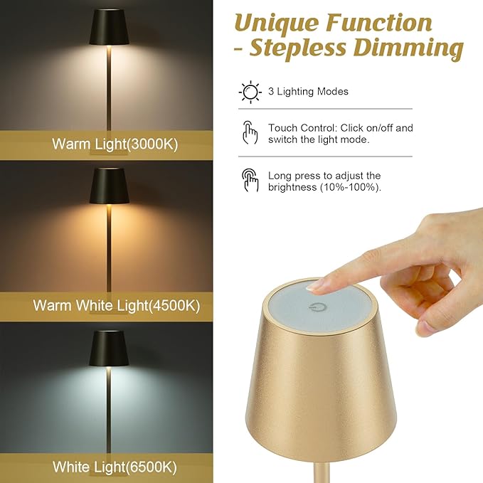 HASUN 2 Pack Rechargeable Table Lamp, LED Cordless Desk Lamp, 5200mAh Battery Operated Table Light, Aluminum Shell, 3 Color Stepless Dimming Up Waterproof for Coffee Table/Indoor/Outdoor (Gold)-Ruum Studio Home