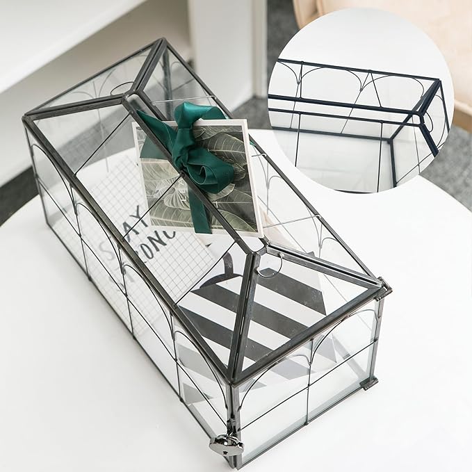 Wedding Card Box with Slot, 12.6'' Large Glass Card Boxes for Reception, Black Geometric Holder, Clear Decorative Storage Box with Lock for Baby Shower, Birthday Party, Christmas, Bridal Shower-Ruum Studio Home