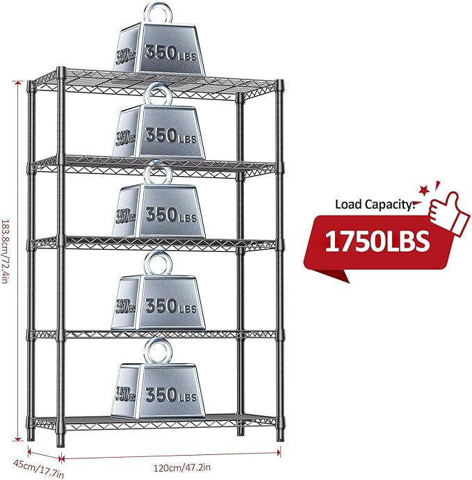 IZEUK 5-Tier Heavy Duty Metal Storage Shelving Unit (Black, 17.7" D x 47.2" W x 72.3" H, 1750 lbs Capacity), Adjustable Steel Wire Rack Shelf Organizer for Garage, Kitchen, Basement, Laundry, Office-Ruum Studio Home