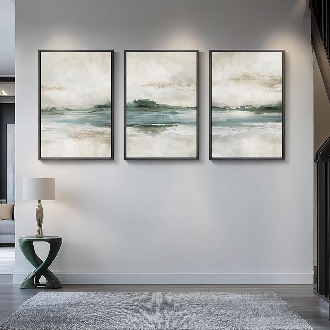 Large Framed Abstract Nature Landscape Wall Art for Living Room, Set of 3 Modern Canvas Prints Paintings Artwork for Walls, Green Lake Pictures for Hallway, Dining Room, Office Wall Decor 24x36 Inch-Ruum Studio Home