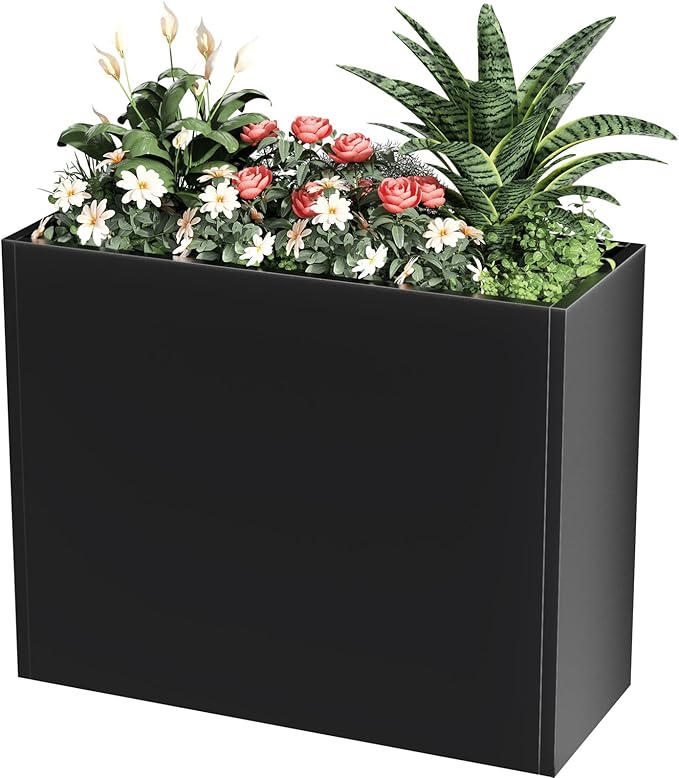 Tall Metal Cube Planter for Outdoor Plants 36" L x 12" W x 26" H, Heavy Duty Steel Large Planter Box with Removable Insert Shelf, Modern Décor for Tall Plants, Trees, Flowers (Black)-Ruum Studio Home