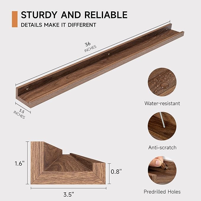 Picture Ledge Shelf for Wall, Floating Shelves Set of 4, 36 Inch Long Nursery Book Shelves for Toys Storage, Kids Bookshelf Wall Mounted for Books Photo Frames, Walnut-Ruum Studio Home
