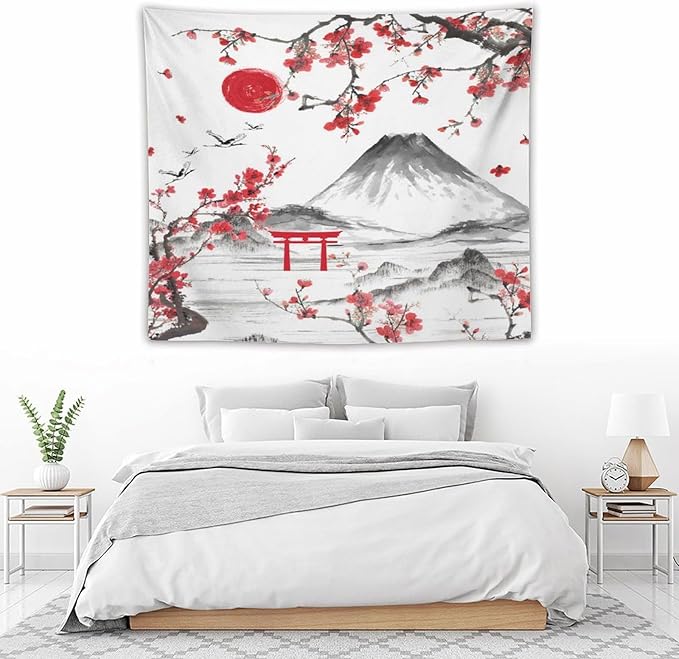 Red Cherry Blossoms Tapestry, Japanese Fuji Mountain Tapestry, Asian Japanese Wall Tapestry, Nature Landscape Tapestries for Bedroom Living Room Decor 60"x50"-Ruum Studio Home