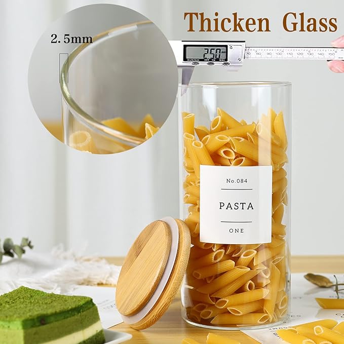 5 Pack Glass Jars with Bamboo Airtight Lids - Stackable Food Storage Containers with 132 Pantry Labels - with Wood Lid for Candy, Cookie, Rice, Sugar, Flour, Pasta, Nuts-Ruum Studio Home