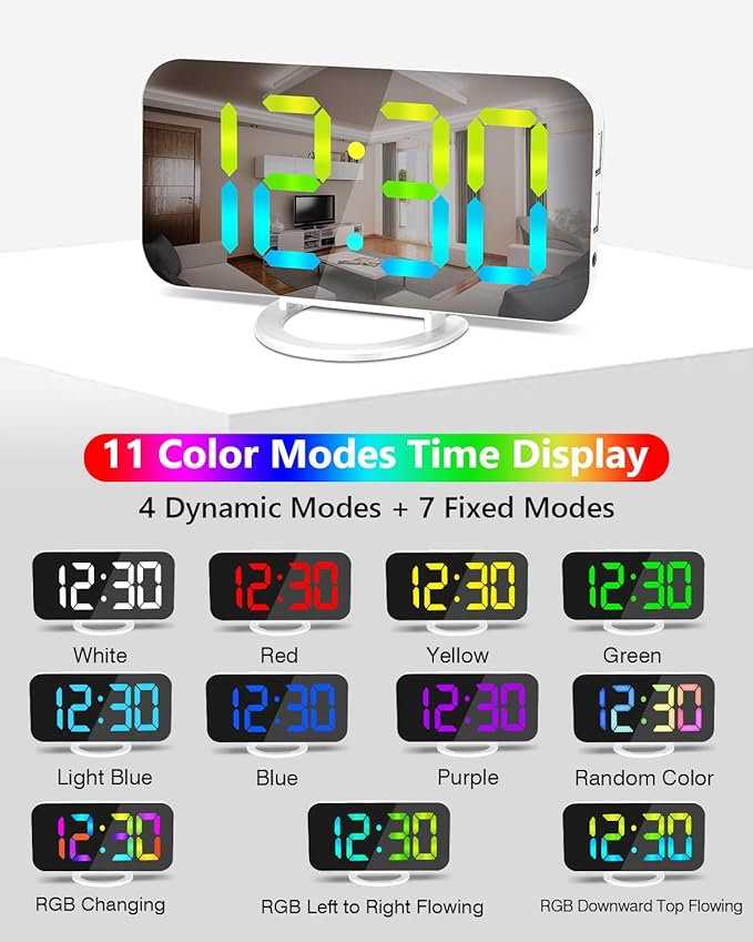 SZELAM Digital Alarm Clock,LED RGB Colorful Clocks,with Mirror Surface Large Display,2 USB Charger Ports,Auto Dimming,Modern Desk Clock for Bedroom Home Office Decor- White-Ruum Studio Home