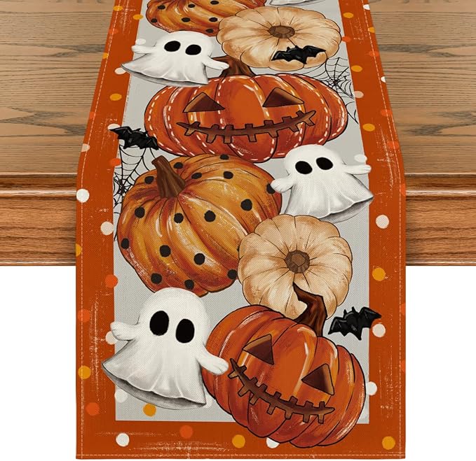 Artoid Mode Orange Jack-O'-Lantern Pumpkin Ghost Halloween Table Runner, Holiday Kitchen Dining Table Decoration for Home Party Decor 13 x 72 Inch-Ruum Studio Home