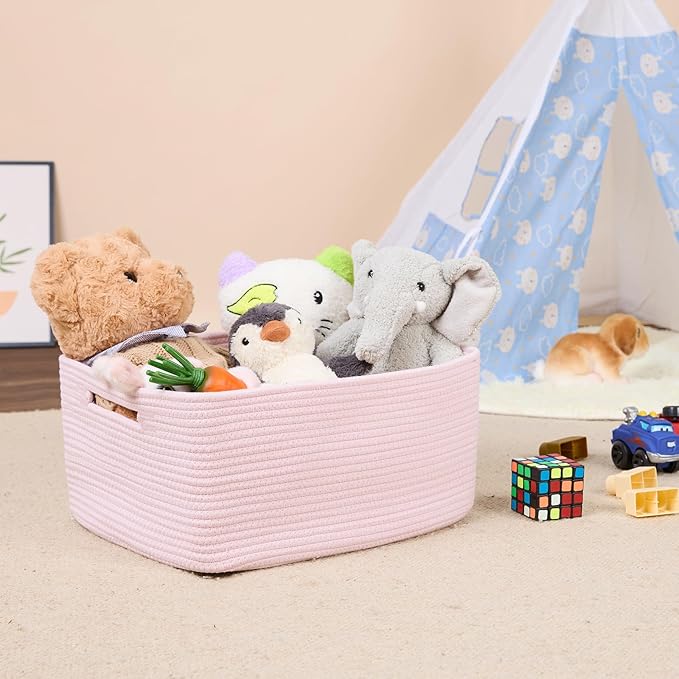 Large Storage Baskets for Shelves, Closet Organizers Bins for Clothes Blanket Towels, Baby Nursery, Toy Baskets Box, Woven Rope Baskets, 17 x 13 x 7.5”, 3 Packs Light Pink-Ruum Studio Home
