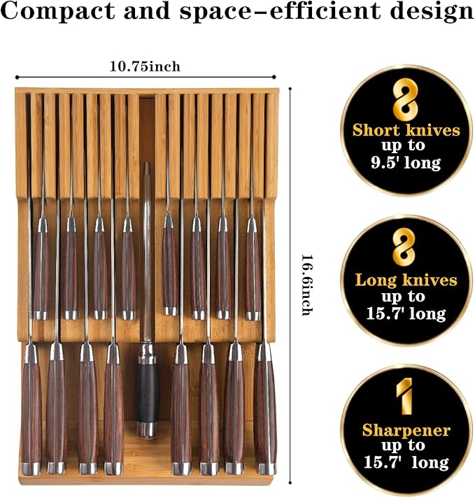 Bamboo Kitchen Drawer Knife Holder, In-drawer Knife Block, Knife Drawer Organizer fit for 16 knives and 1 steel sharpening-Ruum Studio Home