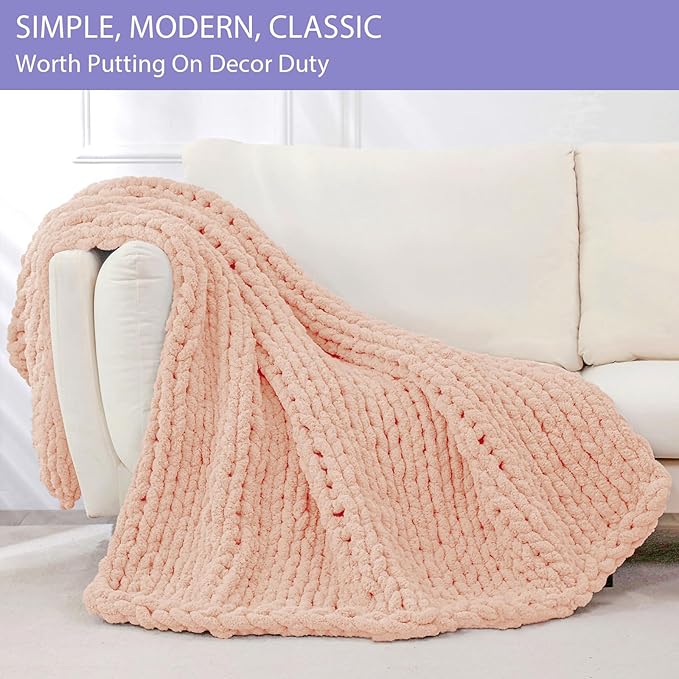 Bigacogo Chunky Knit Throw Blanket for Couch, 51x63 inches, 100% Hand Knitted with Thick Jumbo Chenille Yarn, Cozy Soft Large Rope Knot Cable Crochet Blankets for Sofa Bed Living Room, Peach Fuzz-Ruum Studio Home