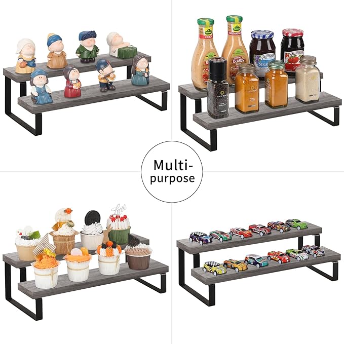 YINMIT Wooden Display Riser Stand, Tiered Perfume and Cologne Organizer Stand, 2 Tier Spice Rack Organizer, Rustic Display Shelf for Candles (2 Tier,2Pack,Grey)-Ruum Studio Home