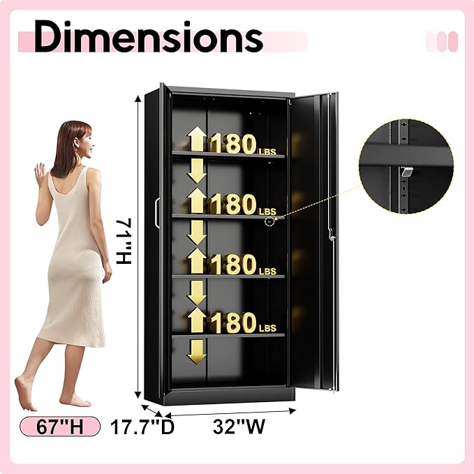 71" Garage Storage Cabinets with Lock, Cabinets with Doors and Shelves, Kitchen Pantry Cabinet, Metal Cabinet for Office, Garage, Shop, School, Assemble Required, Black-Ruum Studio Home
