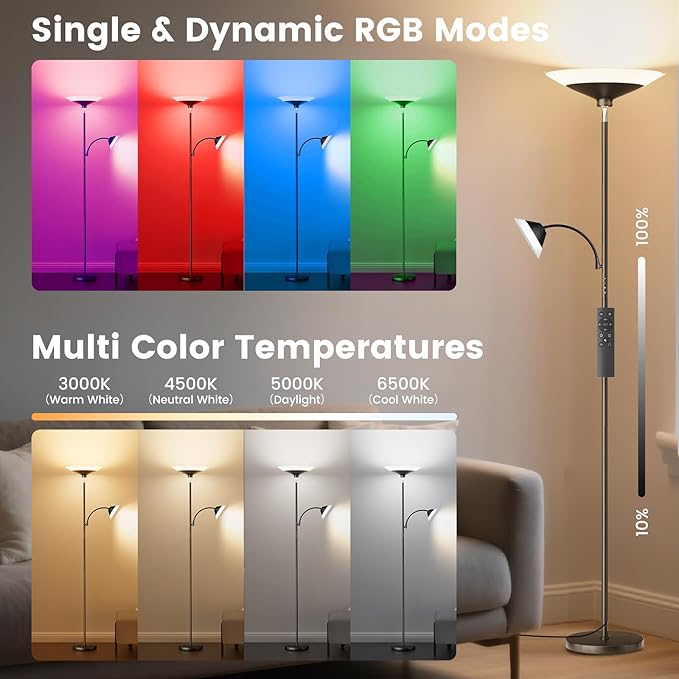 RGB Torchiere Floor Lamp - 2 Way Dimmable LED Standing Lamp with Remote&Button Control, 34W Rotatable Floor Reading Light, 72'' Tall Modern Corner Lamp for Living Room Bedroom Office, Black-Ruum Studio Home