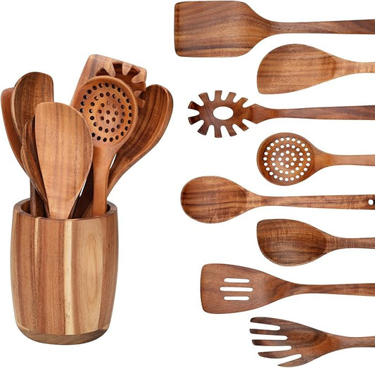 9 PCS Kitchen Utensils Set - Wooden Spoons for Cooking, Natural Teak Wooden Utensils - Includes Wooden Spoons, Spatula Set, Slotted Spoon - Handmade Wooden Spoon Set-Ruum Studio Home