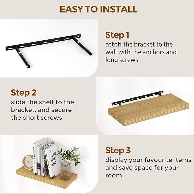 24 x 9 Floating Shelves, 9 Inch Deep Floating Shelf Wall Mounted, 24 Inch Bathroom Shelves Set of 2, Rustic Wood Wall Shelf for Bedroom, Living Room, Oak Color-Ruum Studio Home