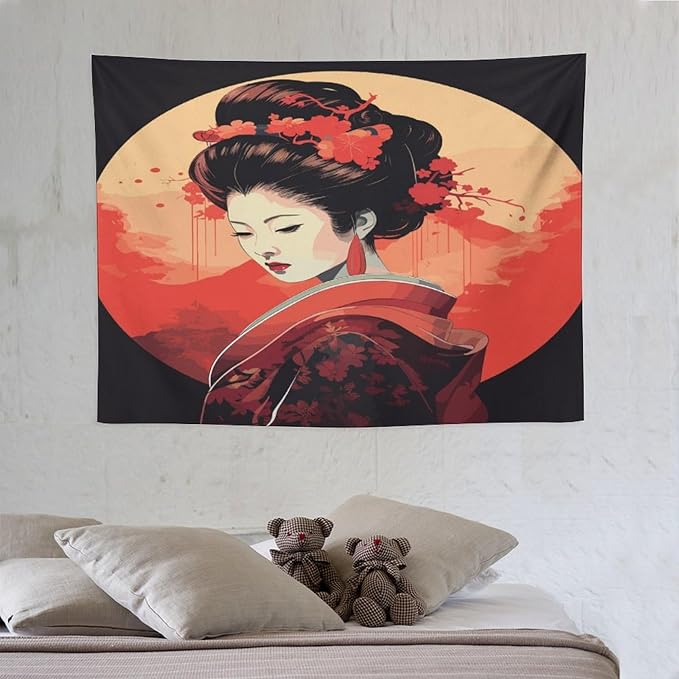 Japanese Woman Geisha Tapestry Asian Cherry Blossom Red Sun Traditional Kimono Folk Tapestries Home Decor for Living Room Bedroom Apartment Farmhouse Dorm 40"x30"-Ruum Studio Home
