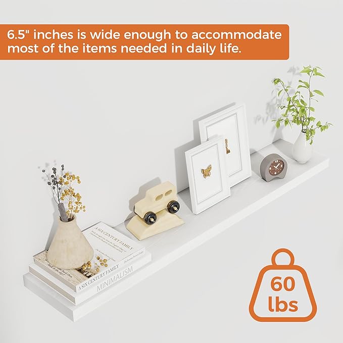 Fun Memories 36Inch Floating Shelves for Wall 2 Pack Wood Shelves for Kitchen, Bathroom, Bedroom Wall Mounted Rustic Wood Floating Shelf with Invisible Brackets for Books, Storage, Decor, White-Ruum Studio Home