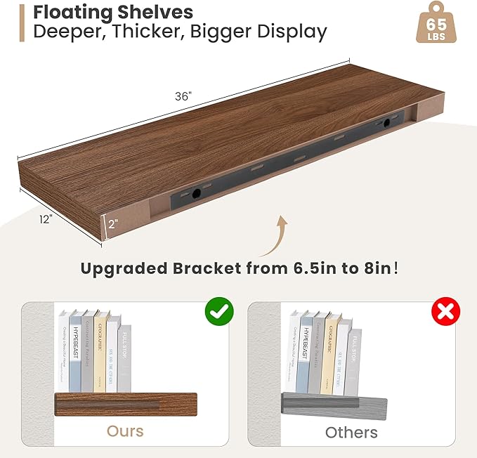 Heimlove 12" Deep Floating Shelves, 36 x 12 Inch Wall Mounted Long Floating Shelf with Invisible Brackets, for Home Decor, Bedroom, Kitchen, Living Room, Bathroom - 2 Pack, Walnut-Ruum Studio Home