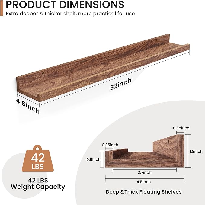 Fun Memories Picture Ledge Shelves Set of 2, 24 Inch Rustic Wall Mounted Floating Shelves with Lip for Home Storage and Décor in Bathroom, Kitchen, Nursery, Bedroom, Living Room, Walnut-Ruum Studio Home