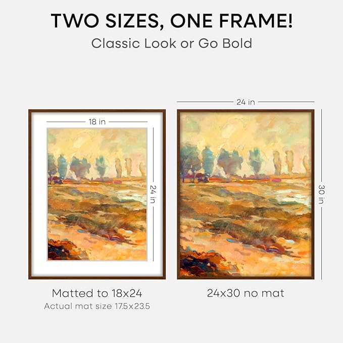 Homeforia 24x30 Walnut Frame, High End Oak 24 x 30 Wooden Poster Frame with Mat 18 x 24, 30x24 Large Picture Frames for Wall, 24x30 Brown Wood Frame Matted to 18x24, Tempered Glass, Wall Kit, Set of 1-Ruum Studio Home