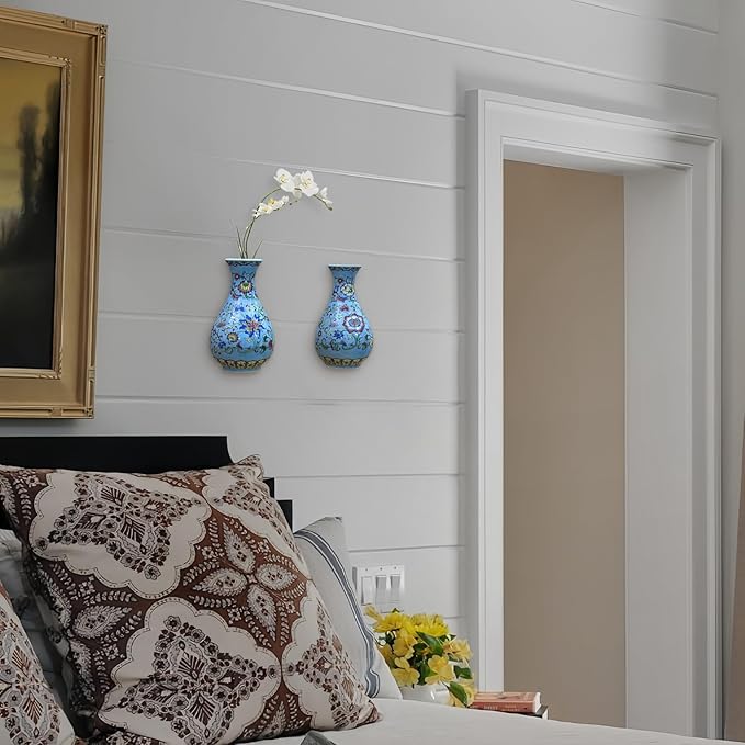 Set of Two Handmade Chinese Blue & White Porcelain Wall Mounted Vases – Chinoiserie Ceramic Flower Vase for Indoor Home Décor, Wall Hanging Vases for Living Room & Bookshelf-Ruum Studio Home