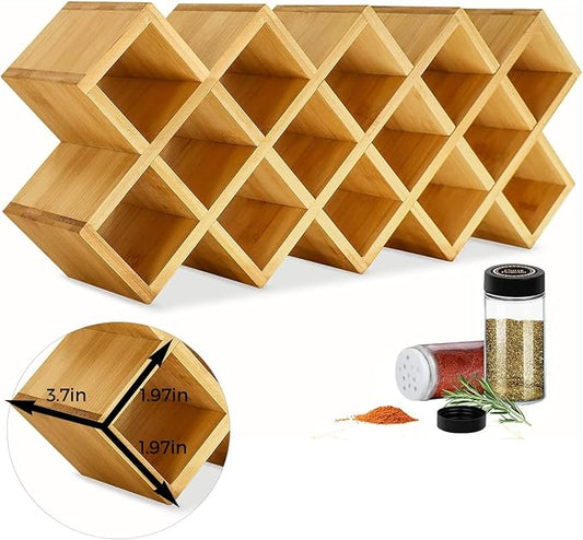 Bamboo Criss Cross Spice Rack Organizer for Cabinet, Wood Seasoning Rack Spice Holder, 18-Jar Spice Rack Tower Spice Storage for Kitchen Countertop Drawer-Jars Not Included-Ruum Studio Home