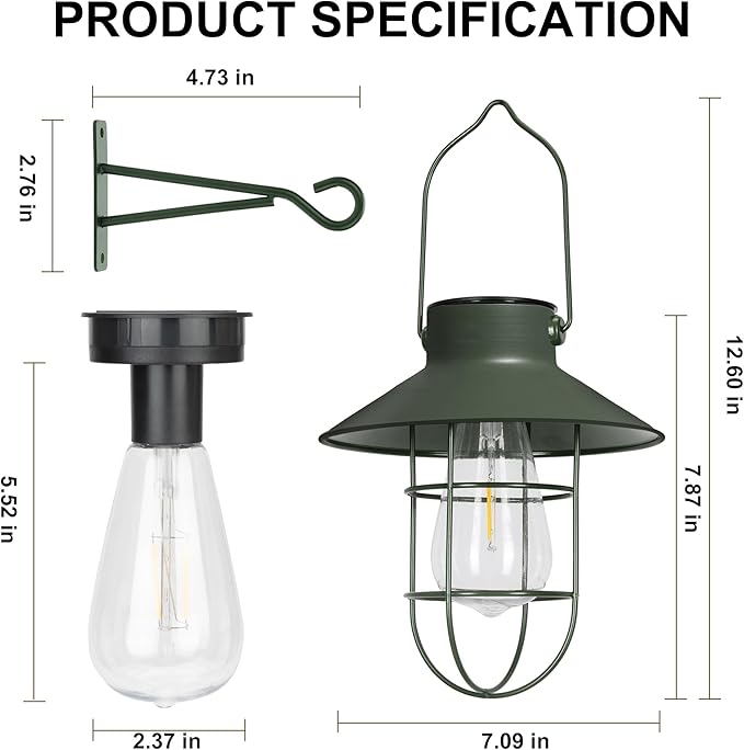 pearlstar Solar Lanterns Outdoor Metal Solar Powered Hanging Lights Waterproof for Wall Barn Yard Garden Patio Garage Balcony Porch Fence Decor, Warm White Edison Bulb (Green-2pack)-Ruum Studio Home