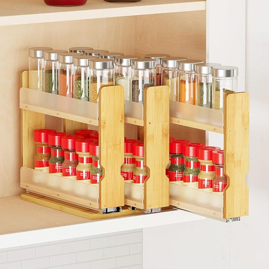SpaceAid Bamboo Pull Out Spice Rack Organizer for Cabinet, Heavy Duty Slide Out Seasoning Kitchen Pantry Sliding Vertical Organization, 7.6" Wide, 3 Drawers(2" Wide), 2-Tier, Natural-Ruum Studio Home