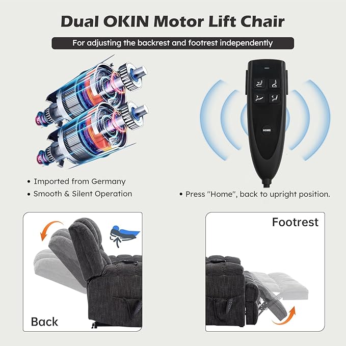 Power Lift Chair with Vibration Massage Heat for Elderly People, Dual Motor Electric Lay Flat Recliner Chair with Power-Remote, Standing Assistance Reclining, Chenille Dark Gray-Ruum Studio Home