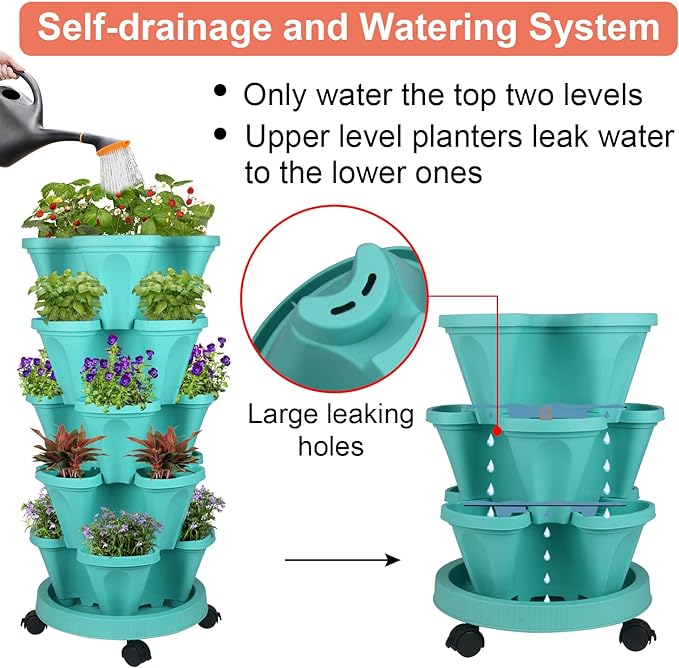 Vertical Planter 5 Tier Stackable Planters Garden Planters Strawberry Herb Flower and Vegetable Planter Indoor Outdoor Gardening Pots with Removable Wheels and Tools-Ruum Studio Home