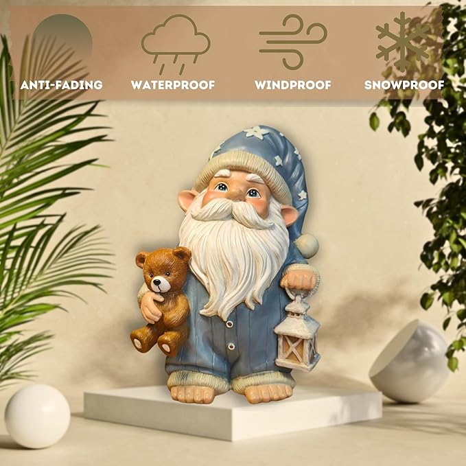 Sleepy Garden Gnome with Teddy Bear & Lantern - 9" Weatherproof Resin Statue - Indoor Outdoor Decor - Whimsical for Home, Patio & Lawn-Ruum Studio Home