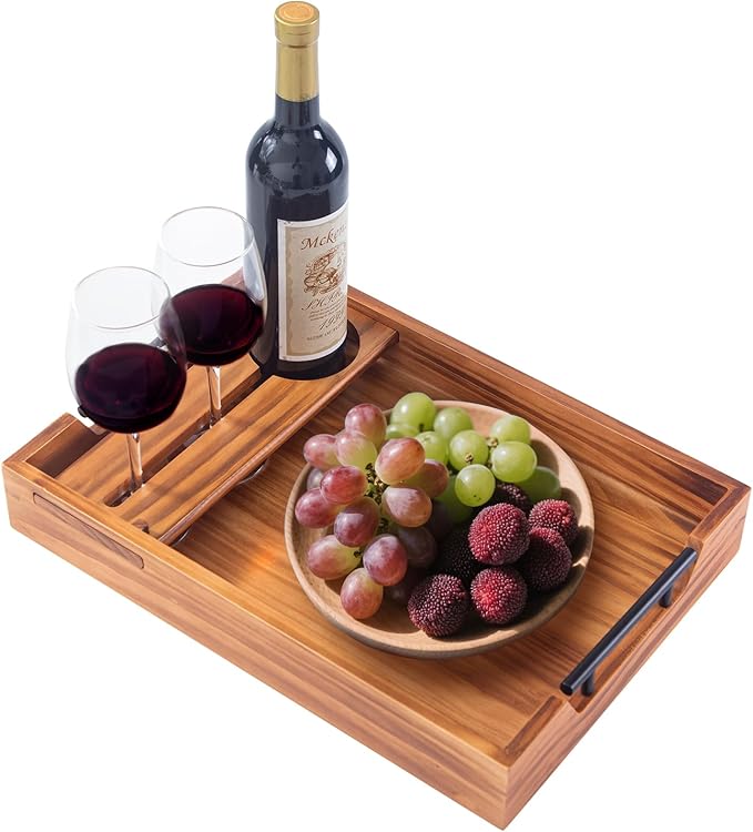 Wood Serving Tray with Handles, 17"x12" Rustic Wooden Trays with Removable Wine Glass Holder Decorative Ottoman Tray for Living Room, Coffee Table, Breakfast Food Trays in Bed-Ruum Studio Home