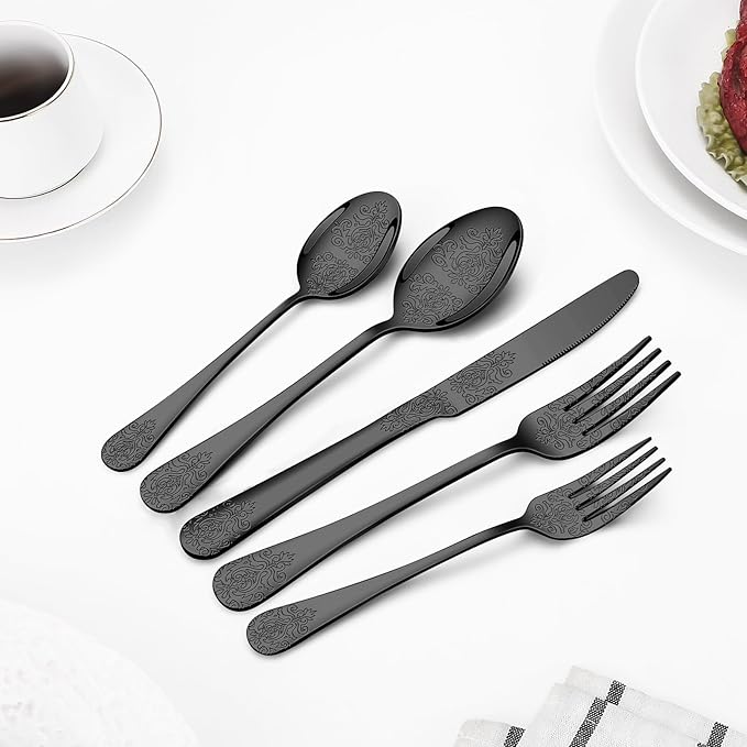 20 Pcs Black Silverware Set for 4 with Classical Flower Embossed Design, Food Grade Stainless Steel Flatware Set, Eating Utensils Sets Include Fork/Knife/Spoon, Cutlery Set, Dishwasher Safe-Ruum Studio Home