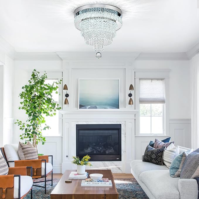 16“ Crystal Chandeliers Light Flush Mount Ceiling Light Fixtures Round Modern LED Chandelier for Living Room Bedroom Dining Room Closet Hallway (Cool White)-Ruum Studio Home
