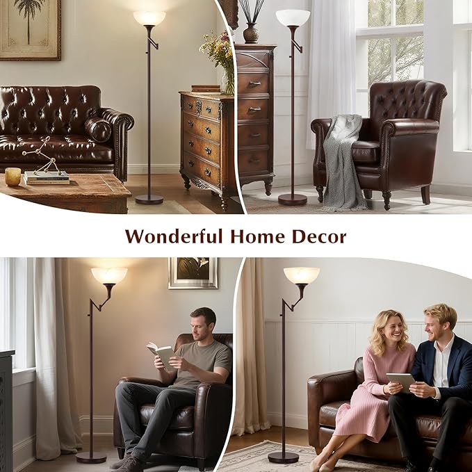 Floor Lamps for Living Room Bronze, 71" Tall Standing Lamp with Glass Shade, Vintage Floor Lamp with 350°Adjustable Swing Arm Lamp, Pole lamp for Bedroom, Living Room, Office, Bulbs Included-Ruum Studio Home
