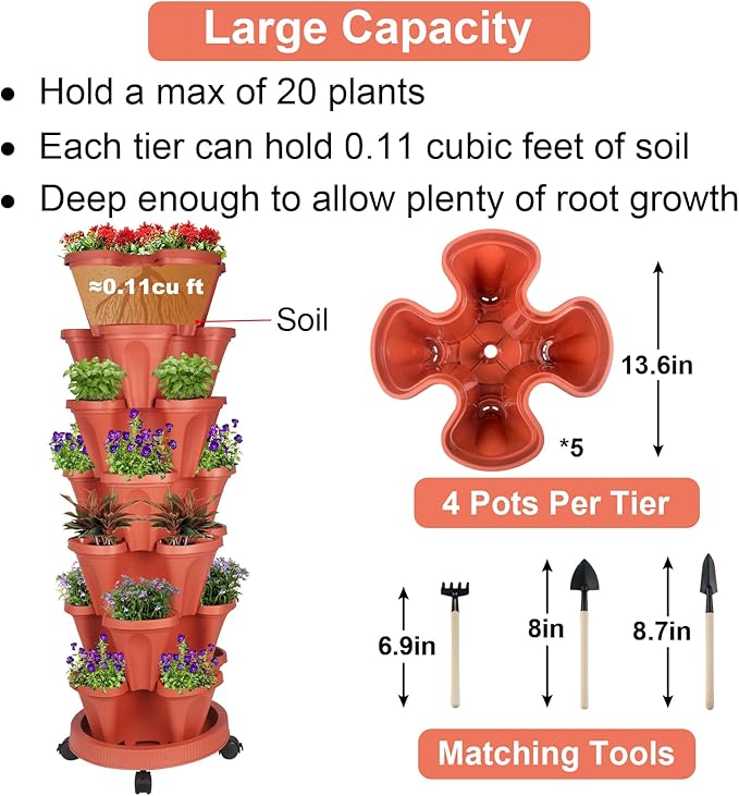 Vertical Planter 7 Tier Stackable Planters Garden Planters Strawberry Herb Flower and Vegetable Planter Indoor Outdoor Gardening Pots with Removable Wheels and Tools 2-Pack-Ruum Studio Home