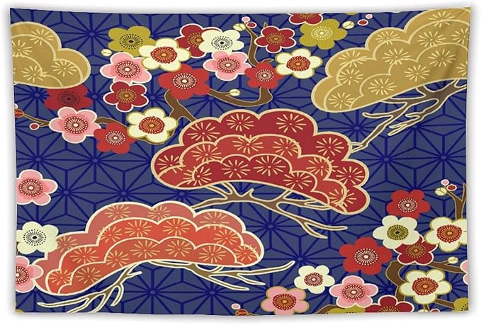 HZOHNAGO Japanese Tapestry Art Abstract Colorful Cherry Blossom Blue Background Pattern Printed Wall Tapestry Painting Wall Hanging for Bedroom Living Room Dorm 90" W x 60" H-Ruum Studio Home