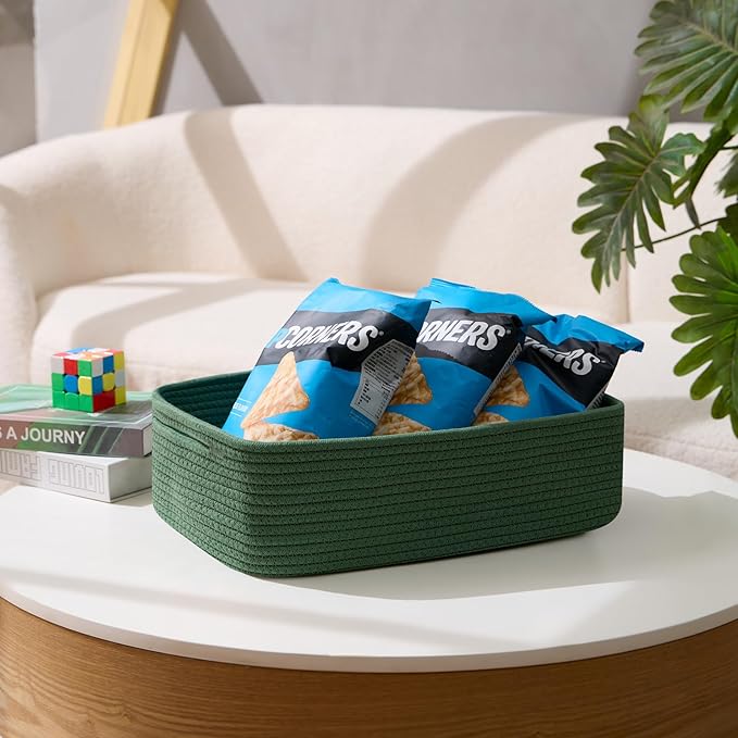 Large Shallow Organizing Baskets 15x11x5.1 Inches - Rope Woven Storage Bins for Bathroom, Shelves, Cube Closet, Green 2 Packs-Ruum Studio Home