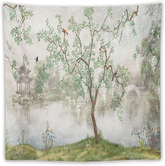 HZOHNAGO Japanese Tapestry Tree Misty Garden Lake Printed Wall Tapestry Ink Painting Wall Hanging for Bedroom Living Room Dorm 60" W x 60" H-Ruum Studio Home