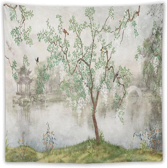 HZOHNAGO Japanese Tapestry Tree Misty Garden Lake Printed Wall Tapestry Ink Painting Wall Hanging for Bedroom Living Room Dorm 60" W x 60" H-Ruum Studio Home