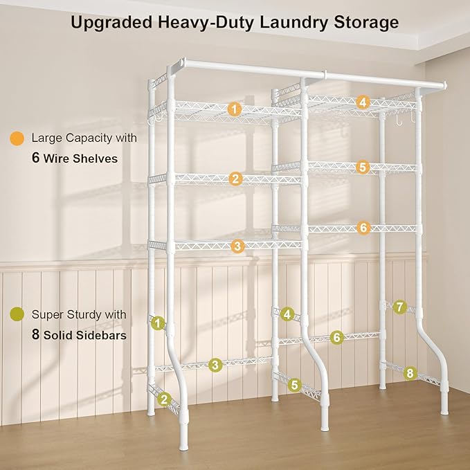 Ulif U13 Medium Over Washer and Dryer Storage Shelves, 6 Tiers Laundry Room Standing Shelf with 2 Hanger Rods, Space Saver Clothes Drying Rack, 57.8" W x 22" D x 77.4" H, White-Ruum Studio Home