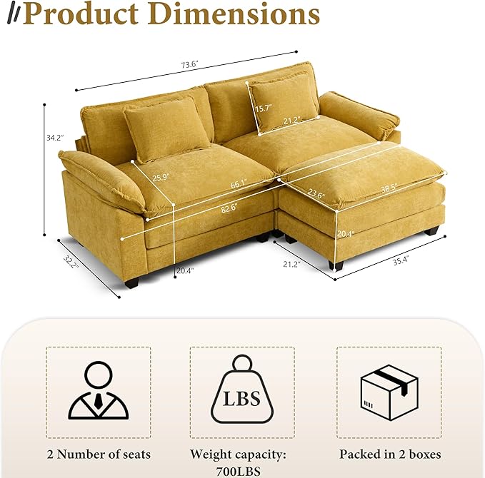 URRED Modular Sectional Sofa Comfy Cloud Couch, Modern Chenille Sofa Sleeper Deep Seat Couches with Ottoman/Pillows for Living Room (Yellow, 82.6''- L Shape)-Ruum Studio Home