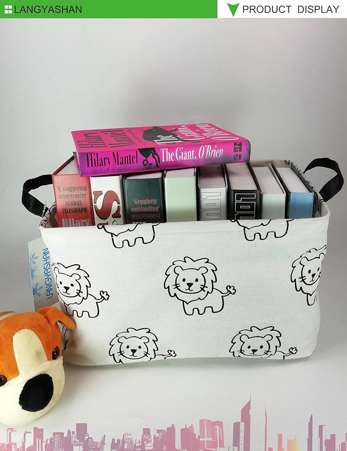 LANGYASHAN Rectangular Storage Bin Collapse Canvas Fabric Cartoon Storage Basket with Handles for Organizing Home Kitchen Boys and Girls Toys Office Closet Shelf Baskets (Rec lion)-Ruum Studio Home