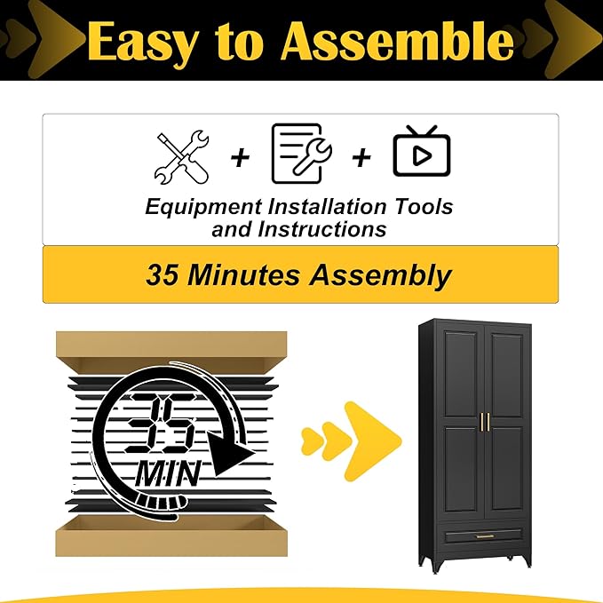 75" Kitchen Pantry Cabinet with Drawer, Metal Storage Cabinets with Doors and 4 Adjustable Shelves,Black Kitchen Cabinet with 2 Gold Handles,Food Cupboard for Livingroom,Pantry-Ruum Studio Home