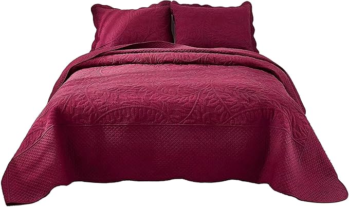 MarCielo 3-Piece 100% Cotton Oversized Bedspread Lightweight Quilt Coverlet Embroidery Farmhouse Bedding Set T0 (Wine Burgundy, Oversized Queen (100"x106"))-Ruum Studio Home