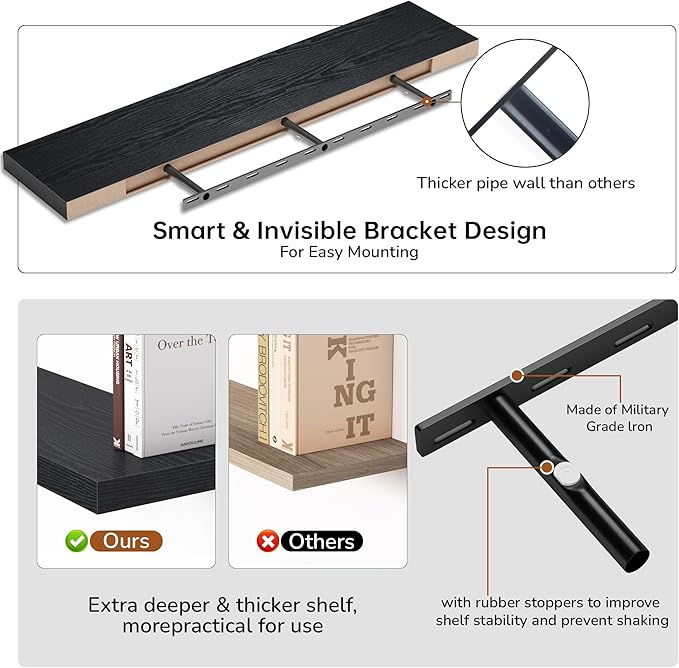 Floating Shelves - 10.3 Inch Deep Wall Shelf for Decor & Storage - Wall Mounted Display Shelving with Invisible Heavy-Duty Metal Bracket - 48" W x 10.3" D x 1.8" H - Set of 1 - Rustic Black-Ruum Studio Home