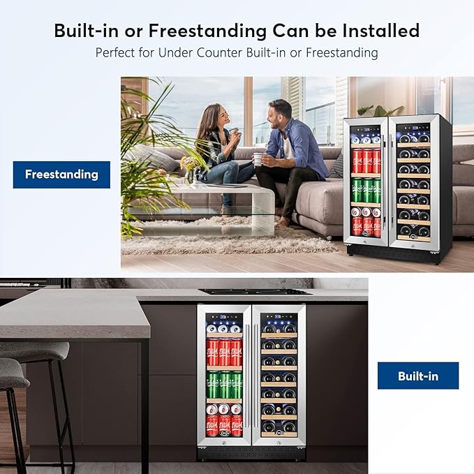 Tylza Upgraded Wine and Beverage Refrigerator 24 Inch, Dual Zone Wine Beverage Cooler with French Door, Under Counter Wine Beer Fridge Built-In or Freestanding, Holds 20 Bottles and 88 Cans, Low Noise-Ruum Studio Home