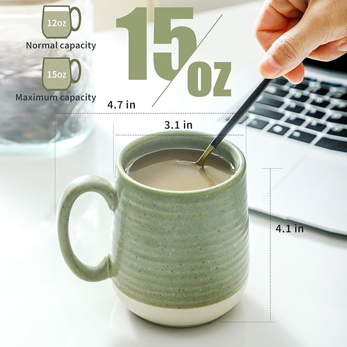Hasense Stoneware Coffee Mugs Set of 6, 15 Oz Large Coffee Cups with Handle, Tea Mugs for Men and Women, Modern Coffee Mug for Cappuccino, Milk, Cocoa, Microwave & Dishwasher Safe, Green-Ruum Studio Home