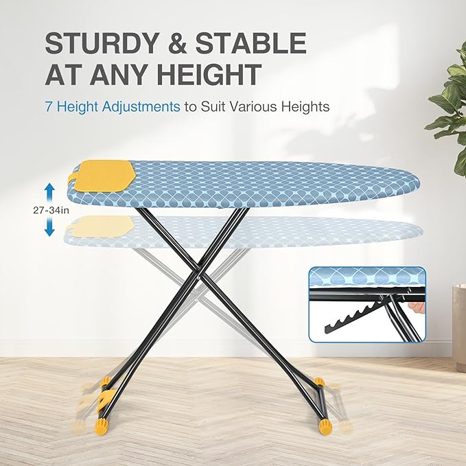 APEXCHASER Ironing Board with Iron Rest, Compact and Space Saver Iron Board, Extra Thick Cover, Height Adjustable, Wall Mount & Closet Hanger 13x43 Yellow-Ruum Studio Home