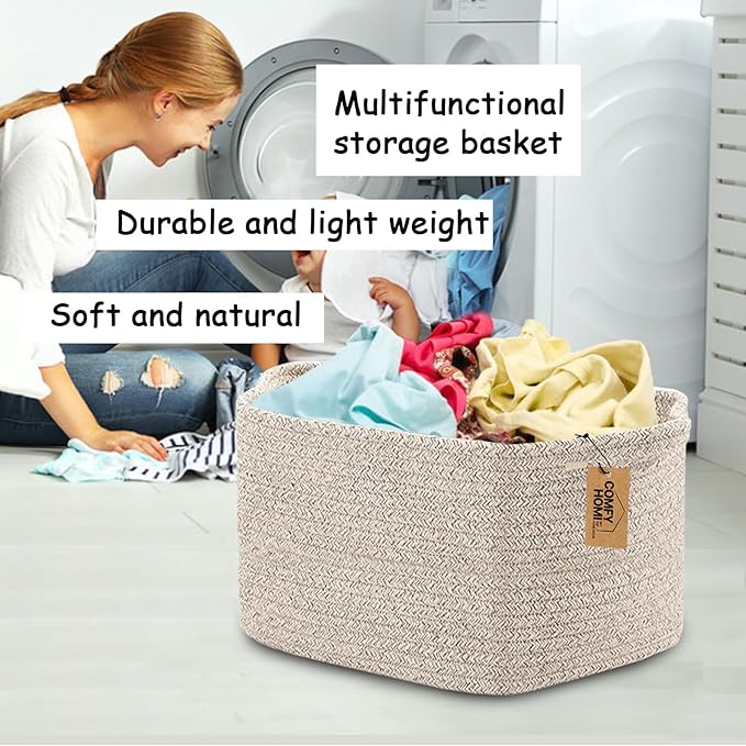 COMFY-HOMI Storage Basket for Shelves, Woven Baskets for Storage, Cotton Rope Basket for Toys,Towel Baskets, Toy Storage Organizer, Storage Cube Bin, Organization and Storage-All Brown-Ruum Studio Home